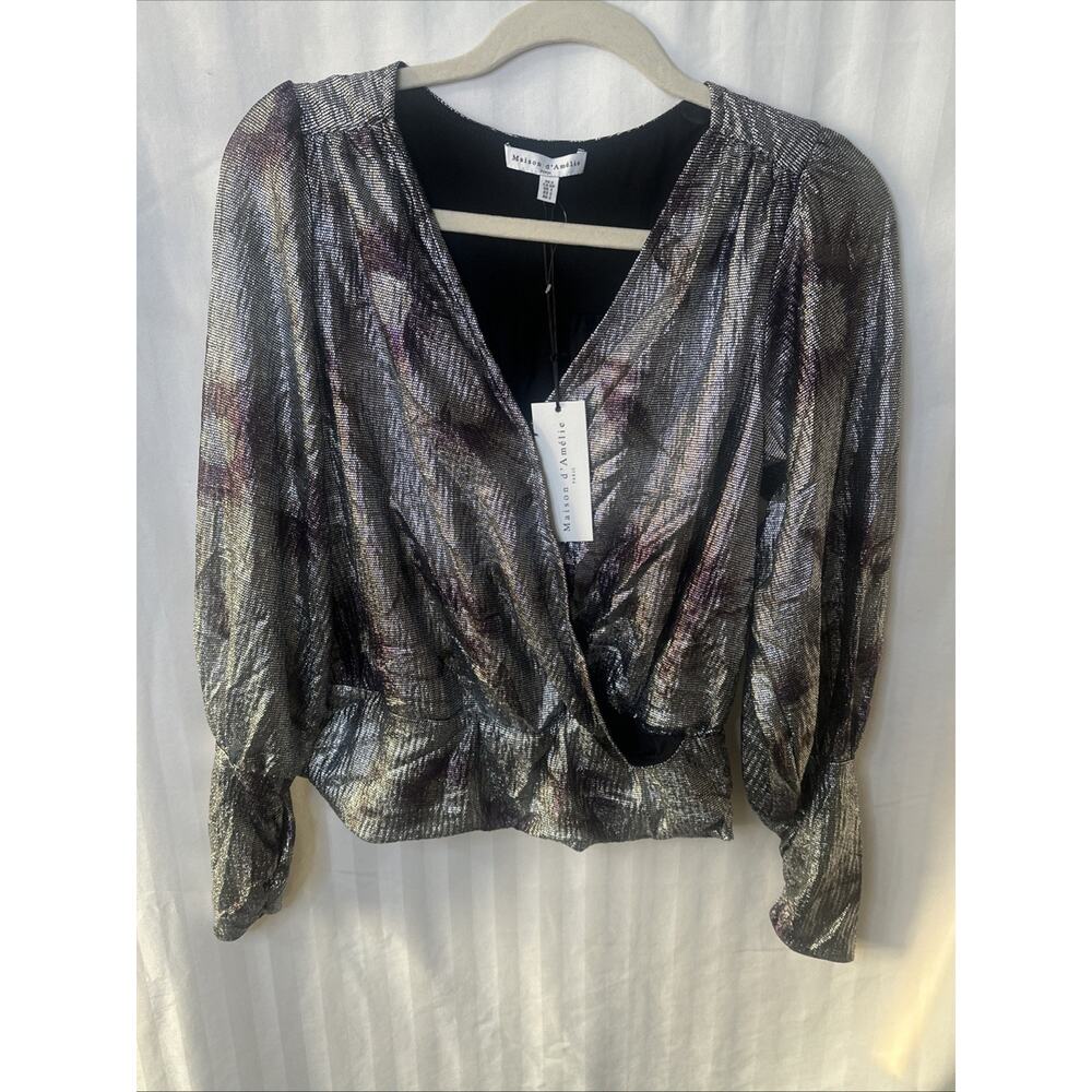 Maison d’Amelie Metallic Long Sleeve Top Size Small Black Silver Shimmer Blouse